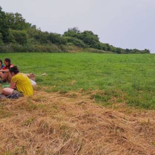 Un groupe est posé dans un champ avec l'âne Réglis