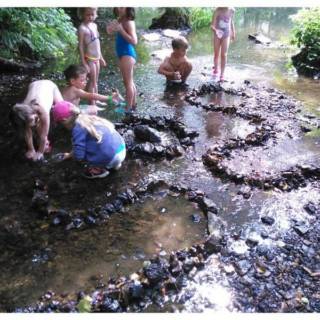 Enfants créant des formes dans l'eau avec des cailloux
